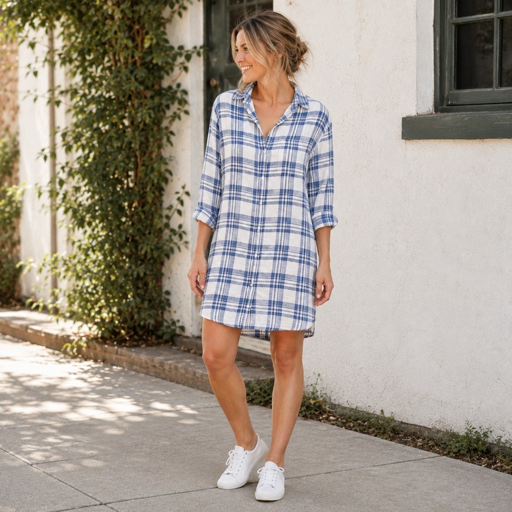 Frank Eileen Womens Mary Linen Shirt‎ Dress XS Blue Plaid Relaxed Coastal Preppy